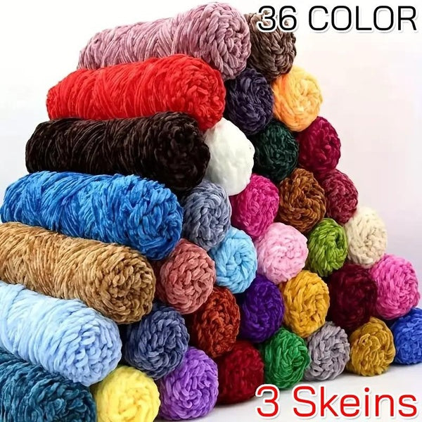 3 Skeins Chenille Yarn Soft Blanket Yarn 3x100gr-3.5oz (3x131yds) Polyester Velvet Fancy Fluffy Yarn Knitting for DIY Crochet Weaving Scarf, Sweater,