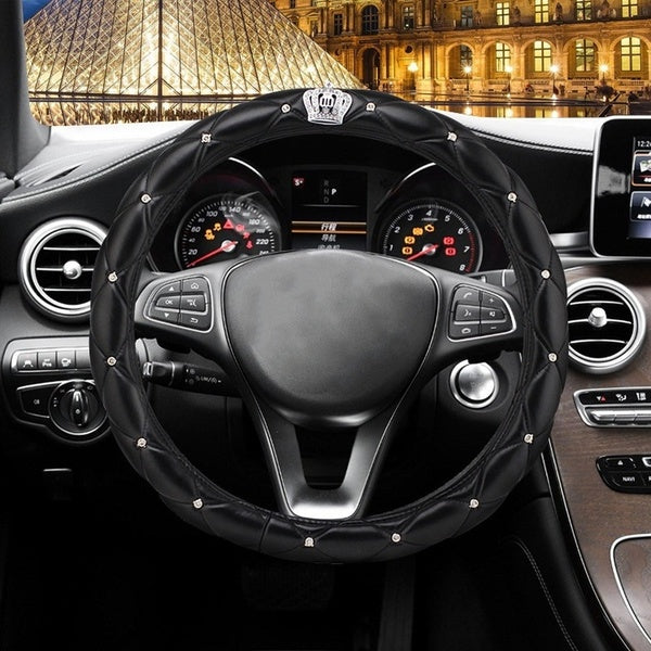 38cm Luxury Crystal Rhinestone Crown Studded Rhinestone PU Leather Car Steering Wheel Cover Diamond Steering for Women Girl Car Styling