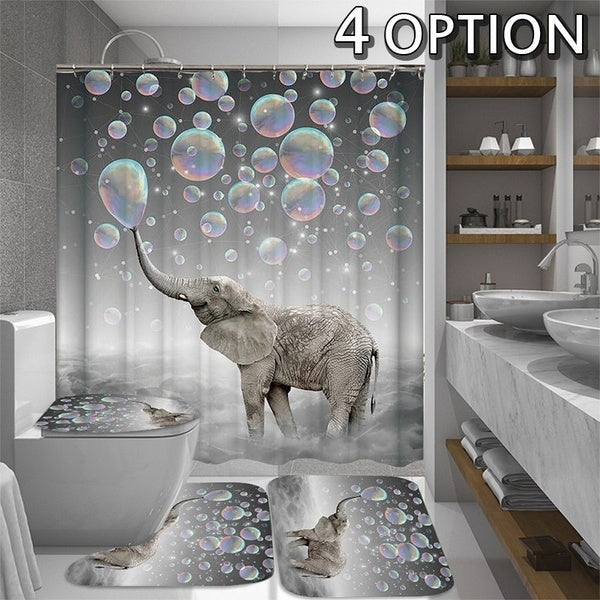 3D Printing Bubbles Elephant Waterproof Bathroom Shower Curtain Set + Toilet Cover + Non-Slip Bath Mat + Toilet Seat Shower Curtain Sets Bathroom Dec