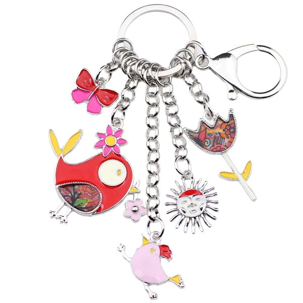 Enamel Alloy Bird Sun Flower Butterfly Keychains Plants Key Ring Animal Jewelry Charm Gift for Women Girls Handbag Wallet Accessory