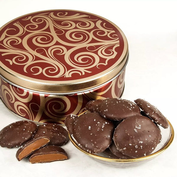 Dark Chocolate Caramel Caps with Sea Salt Gift Tin (26 oz)