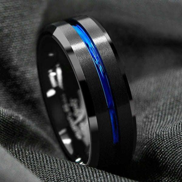 8mm Black Brushed Tungsten Carbide Ring Blue Line-Inside Wedding Band Men's Jewelry