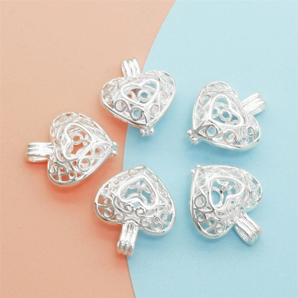 10pcs bright silver Heart Pearl Cage Locket Pendants Trendy Aromatherapy Essential Oil Diffuser Necklace Locket For DIY Jewelry