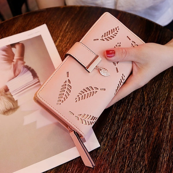 Hot Sale Women Hollow Out Leaf Long Clutch Purse Card Holder Bifold Leather Wallet
