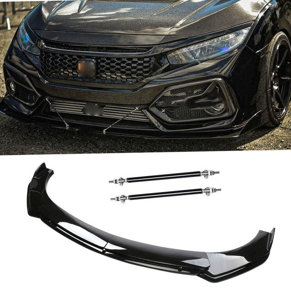 Universal Front Bumper Lip Chin Spoiler PP Front Bumper Lip Sopiler Wing Body Gloss Front Bumper Lip Splitter Body Kit +Strut Rods