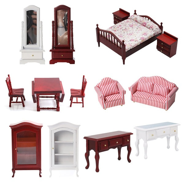 Wooden Dollhouse Furniture 1:12 Miniatures Scene Mini Bed Sofa Table Cabinet Mirror Kids Toy