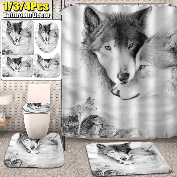 Wolf Head Printed Waterproof Shower Curtain Toilet Cover Mat Non-Slip Rug Bathroom Home Decoration 4-3-1PCS