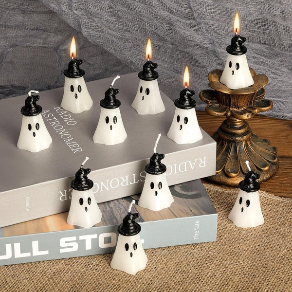 10 PCS Halloween Ghost Candles,2'' X 1.1'' Ghost Shaped Decor Candles with Hats,Fun Face Spooky Burning Candles for Halloween Party Home Table Decora