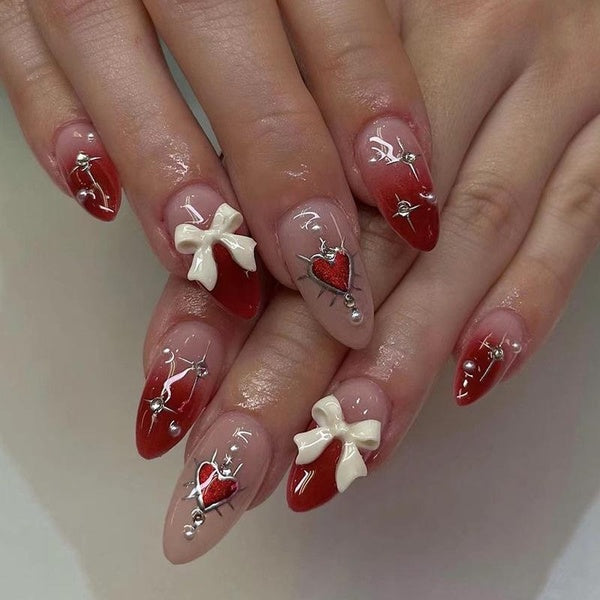 Simple Stiletto French Fake Nails for Valentine's Day Almond Sweet False Nails with Glue Full Cover Artificial Press On Nails