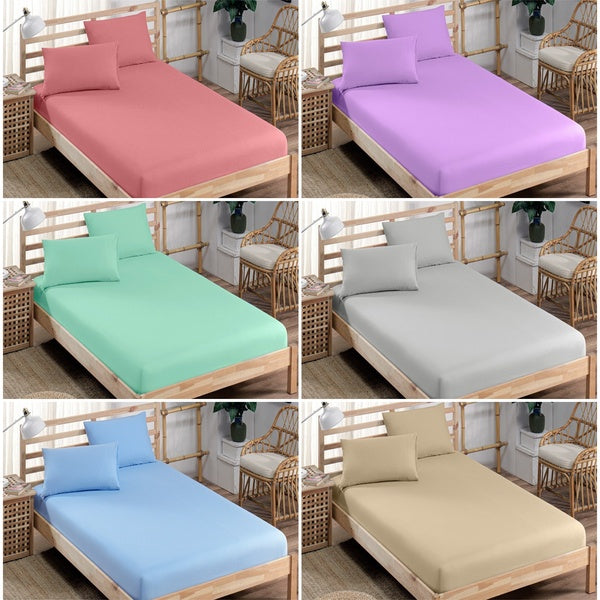 Solid Color Deep Pocket Fitted Bed Sheet, (1x fitted sheet+2 x pillowcase )Single,Twin,Double,King fitted bed sheet..)