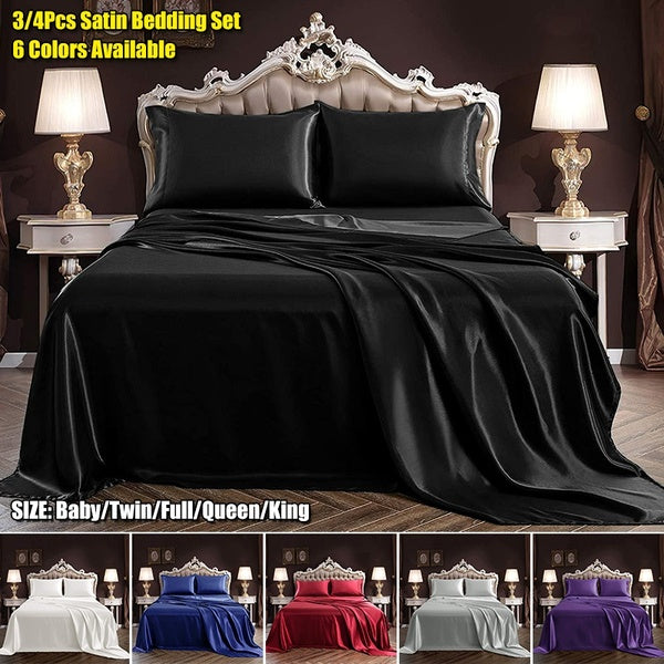 3-4Pcs Satin Sheets Set Baby-Twin-Full-Queen-King Size Ultra Silky Soft Black Satin Bed Sheets 1 Fitted Sheet+1 Flat Sheet+1-2 Pillowcases