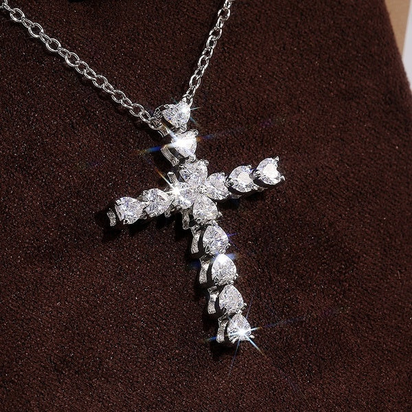 Luxury Cross Pendant Filled AAAAA Heart Shaped CZ Lab Diamond Necklace for Women Choker Fashion Jewelry GiftSilver Plated Chain Necklace
