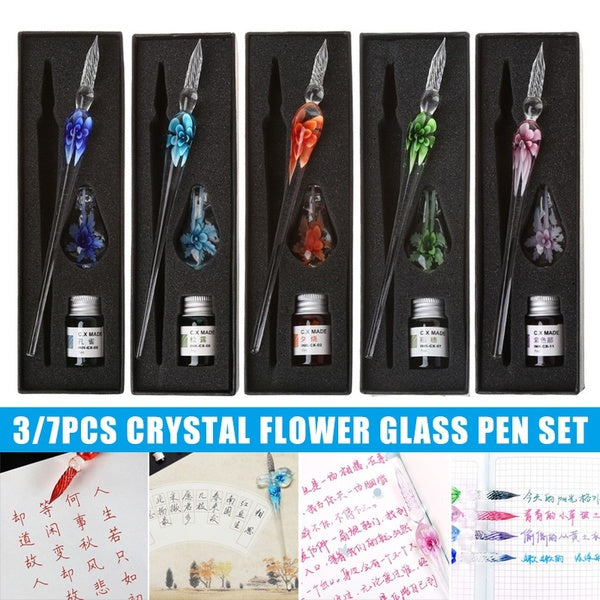 Glass Calligraphy Pen Crystal Glass Dip Ink Pen Set Non-Carbon Ink Signature Pens Writing Tools