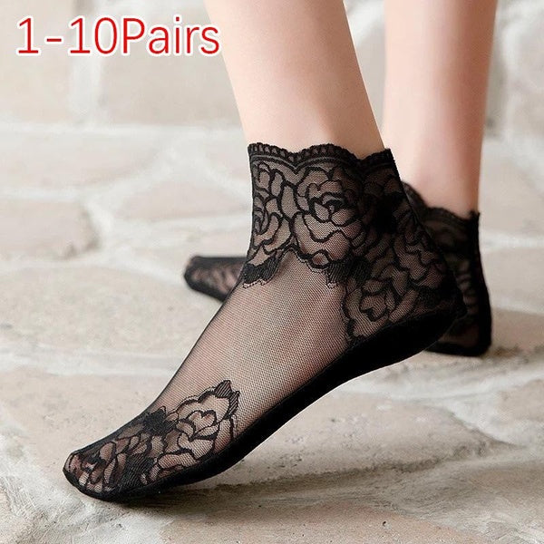 1-10Pairs Women Flowers Leaves Lace Fishnet Socks Nylon Sheer Ankle Dress Sokcs Lace Invisible Socks