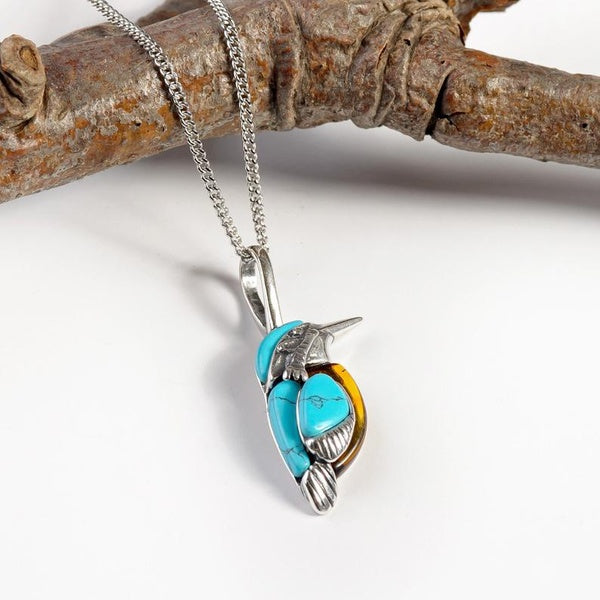 Bohemia Blue Turquoises 925 Sterling Silver Necklace Kingfisher Bird Women Necklace Cute Animal Shaped Necklaces Party Accessories Fashion Jewelry Matron Inn