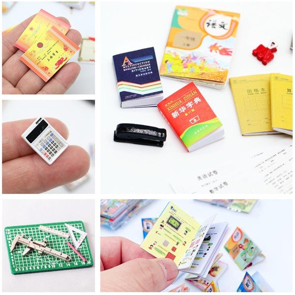 1:12 Dollhouse Mini Dictionary-Notebook-Erasers-Ruler-Pencils-Calculator-Staplers Miniatures Collection Doll House Accessories Kids Toy