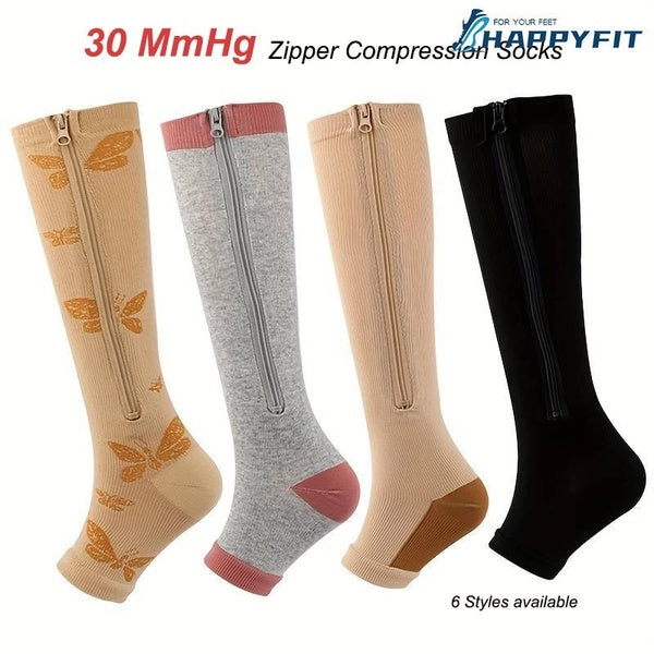 HAPPYFIT 1 Pair Zipper Compression Socks 30 MmHg Knee High Support Stockings Women Men Cycling Running Copper Toe Open Long Socks
