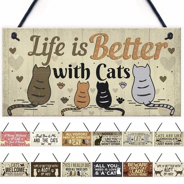 Funny Cats Signs Wooden Plaque Pet Lover Hanging Plaques Gift Home Decoration 3.9"×7.8
