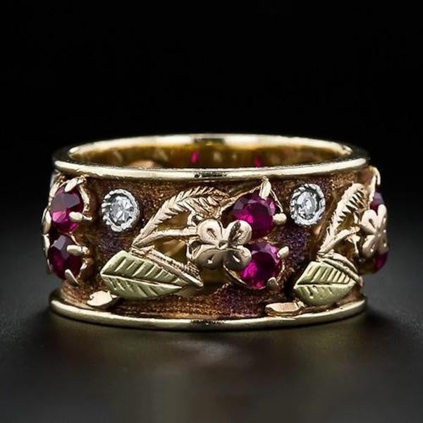 Dazzling 14K Gold Plated Colorful Flower Band Ring Inlaid Shiny Zircon Party Anniversary Jewelry Gift