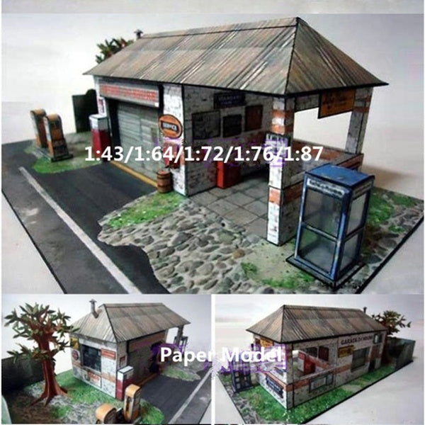 1:43-64-72-76-87 Scale Handmade Paper Old Gas Station Model Assemble Simulation Car Garage Building Sand Table Model Kits