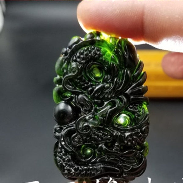 Carved Zodiac Dragon Jade Pendant Natural Chinese Black Green Necklace Charm Jewellery Fashion Lucky Amulet Gifts