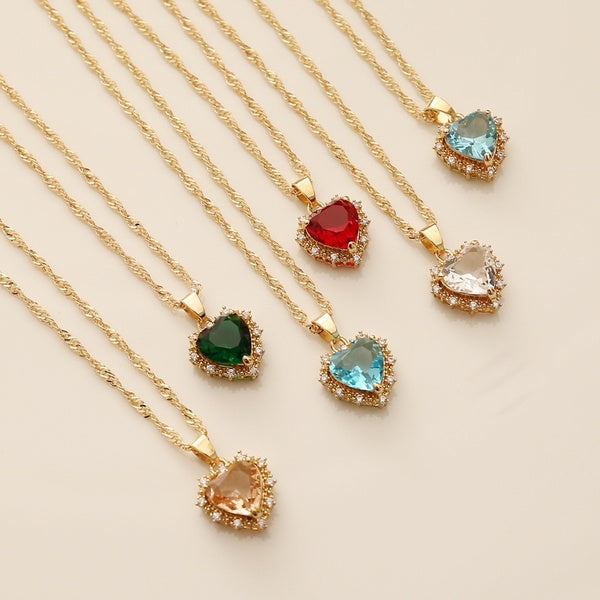 Vintage Gemstone Heart Pendant Necklace Sapphire Rhinestone Gold Plated Chain Necklaces Women Jewelry Zircon Choker