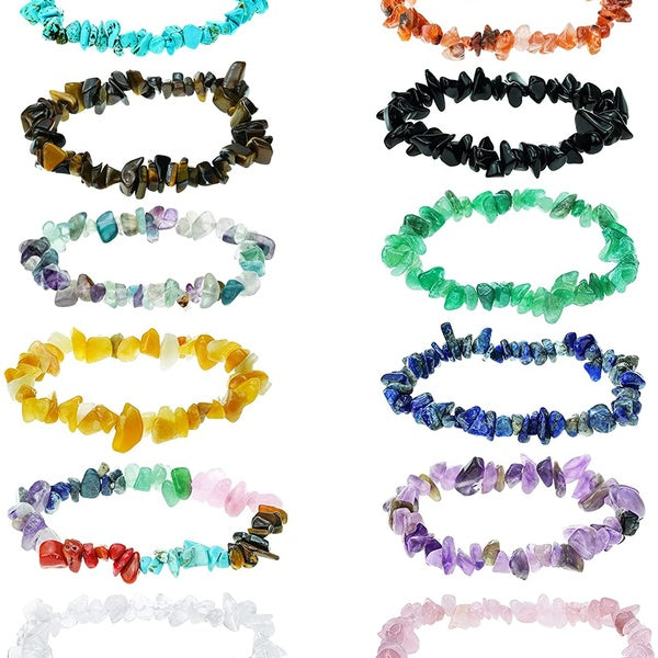 12PCS Healing Chakra Crystals Bracelets Colorful Gravel Irregular Tumble Polished Reiki Stretch Rock Chip Gemstone Quartz Bracelet for women men