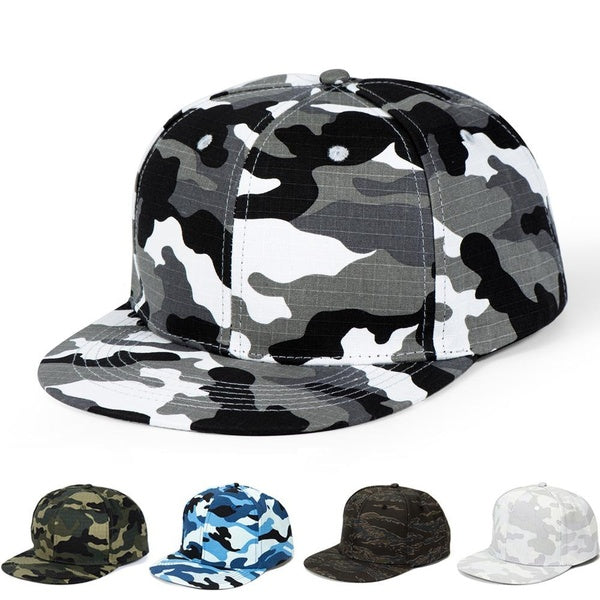 Men Women Camo Cotton Fishing Cap Flat Brim Sun Protection Baseball Hats Hip Hop Adjustable Snapback Caps for Outdoor Sports