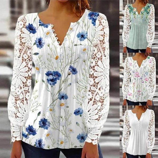 Women's Lace Floral Printed Shirts Loose Comfortable Blouses V-neck Long Sleeve Casual Plus Size Top S-5XL