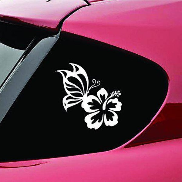 Butterfly on Hibiscus Flower Decal Sticker Vinyl Decal Window Sticker for Cars, Trucks, Windows, Walls, Laptops, and other stuff