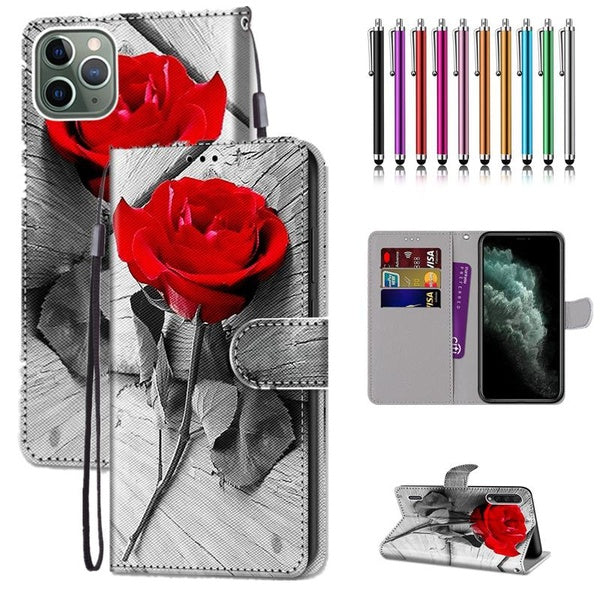 Étui à rabat en cuir PU à motif rose rouge avec porte-cartes de protection pour téléphone portable avec stylet pour iPhone 14 14Pro 14Plus 14Pro Max