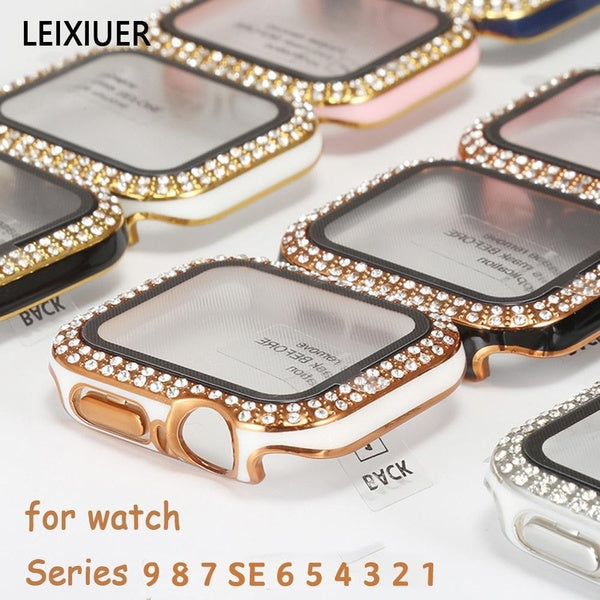 LEIXIUER Diamond Case For Apple Watch Series 9 8 7 SE 6 5 4 3 2 1 All-round watch protective cover with glass screen protector film 41mm 45mm 40mm 44