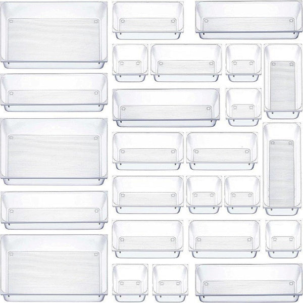 MPM 25pcs Drawer Organizer, 4 Sizes Clear Plastic Desk Divider Storage Bins, Multipurpose Trays, For Organization of Acc