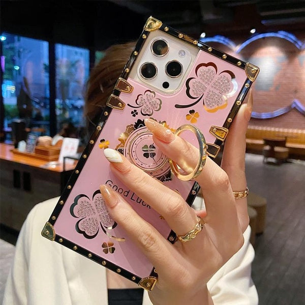 Luxury Chic Geometric Diamond Clover Glitter Ring Stand Case Cover for iPhone 14 14pro 14 promax 13promax 13pro 13 12promax 12pro 11promax Back Cover