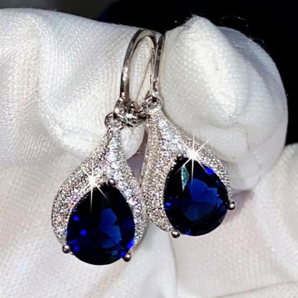 Boucles d'oreilles de mariage romantiques en forme de larme, saphir bleu, pendantes pour femmes, cadeau de saint-valentin