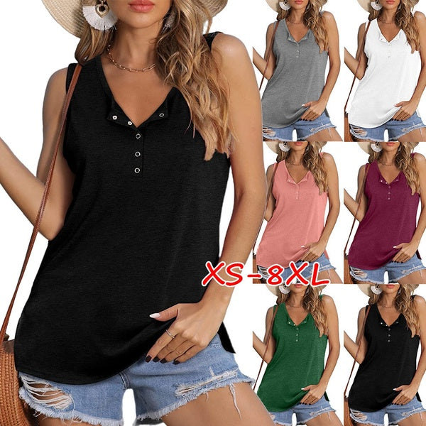 XS-8XL Summer Fashion Women V-Neck Sleevless Tops Casual Style Solid Color Vest Loose Button Camisole Blouse Ladies Fashion Cotton Pullover Tank Tops