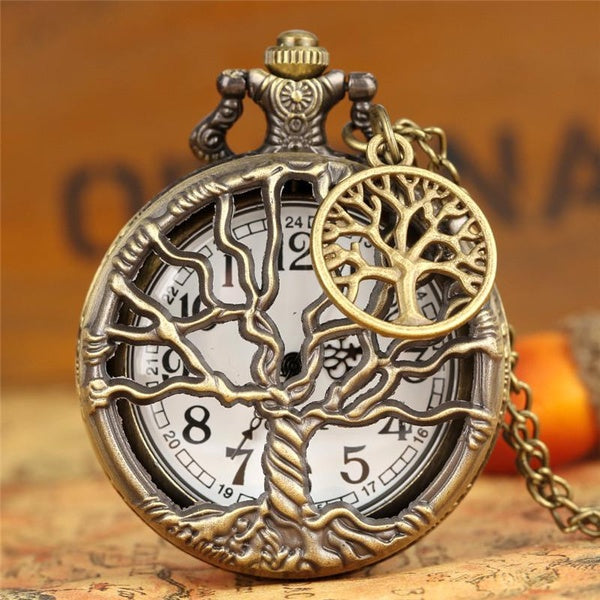 Montre de poche à l'ancienne mode évider couverture d'arbre de vie hommes femmes Quartz analogique montre de poche collier chaîne avec accessoire
