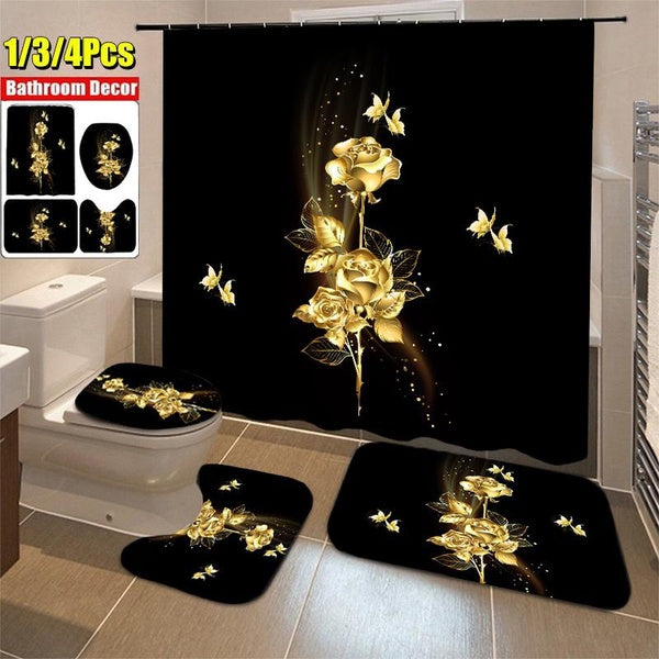4-3-1 Pcs Gold Rose Shower Curtain Set Non-Slip Rug Toilet Lid Cover and Bath Mat Rose Shower Curtain with 12 Hooks, Waterproof Shower Curtain for Ba