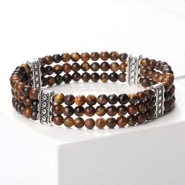 Mini 4mm Beads 3-Row Tiger Eye Stone Beaded Bracelet Classic Natural Stone Elastic Bracelet for Women and Men Healing Yoga Jewelry