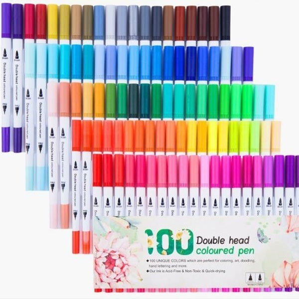 12-24-36-48-60-80-100 Dual Tip Brush Pens, Water Coloring Markers with Fineliner Tip 0.4 and Highlighters Brush Tip Markers(1mm-2mm), Dual Brush Pens