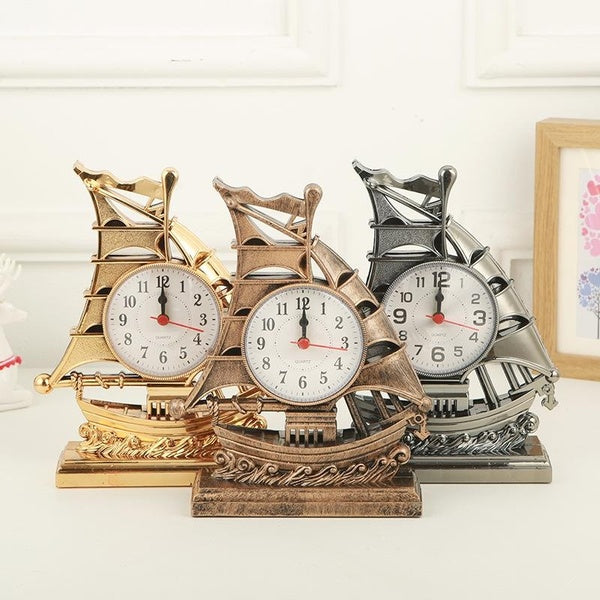 Alarm Clock Sailboat Table Vintage Model Ornament Desk Clocks Silent Bedside Decoration