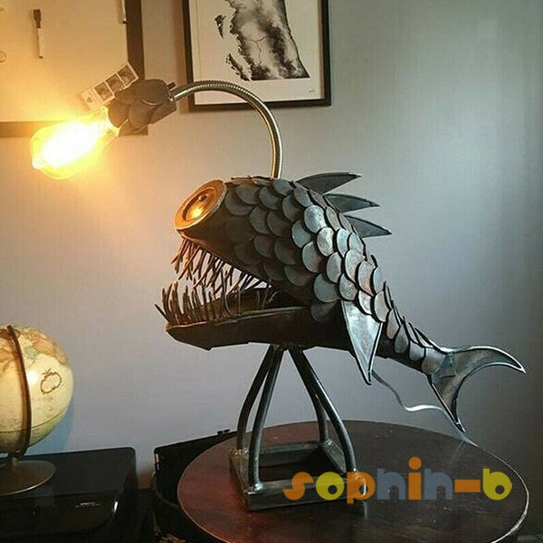 Piranha Angler Fish Table Desk Light Lamp Iron Rustic Gift Ornament Art Sculptures Statue Home Decorations