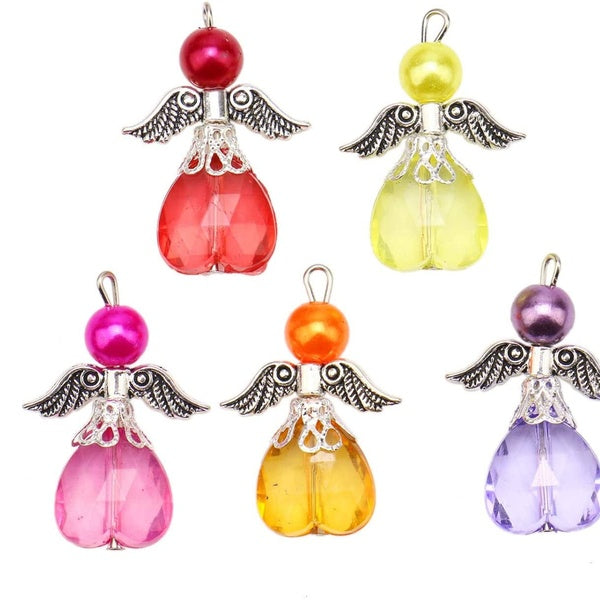 20Pcs Silver Handmade Guardian Angel Fairy Charms Pendants Acrylic Heart Beads Wings for Jewelry Making and Crafting