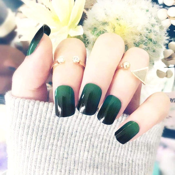 24 PCS Fashion Glossy Fake Nails Green Black Gradient Press on Nails Full Cover False Nails Acrylic Nail Art Tips for Women and Girls