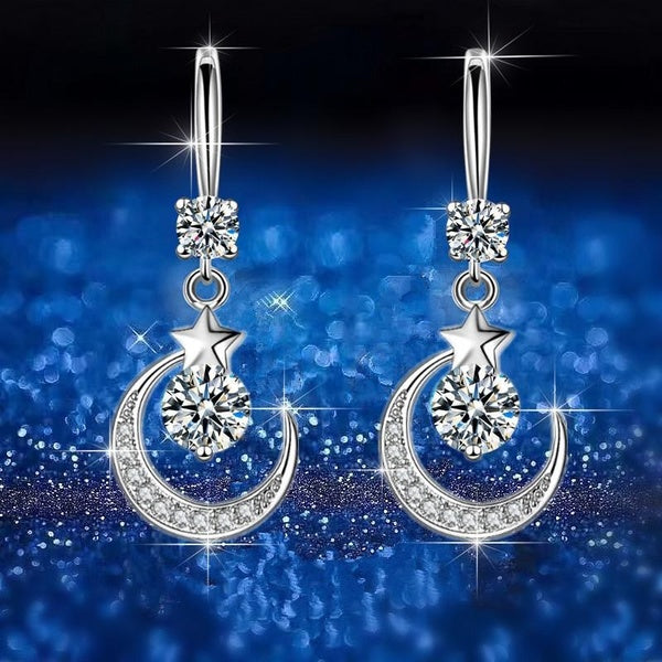Magnifiques boucles d'oreilles étoile lune argentée avec saphir blanc et pendentif artificiel rose et bleu - Parfaites pour les mariées, mariages, fi