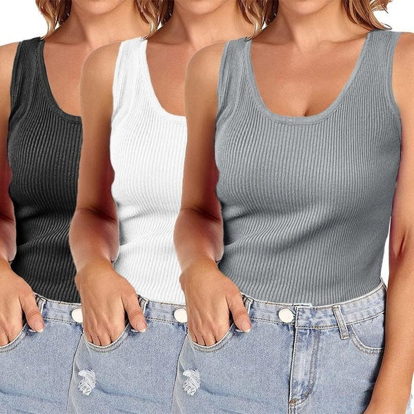 1-2pcs Débardeurs d'été pour femmes, plus la taille O-Neck Tricoté sans manches Slim Fit Basic Vest, Workout Fitness Running Yoga Casual Sports Tops