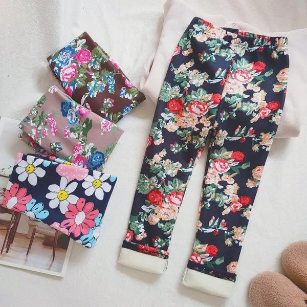 Floral Print Autumn Winter Thickened Warm Kids Pants Baby Girl Velvet Leggings Children's Trouser
