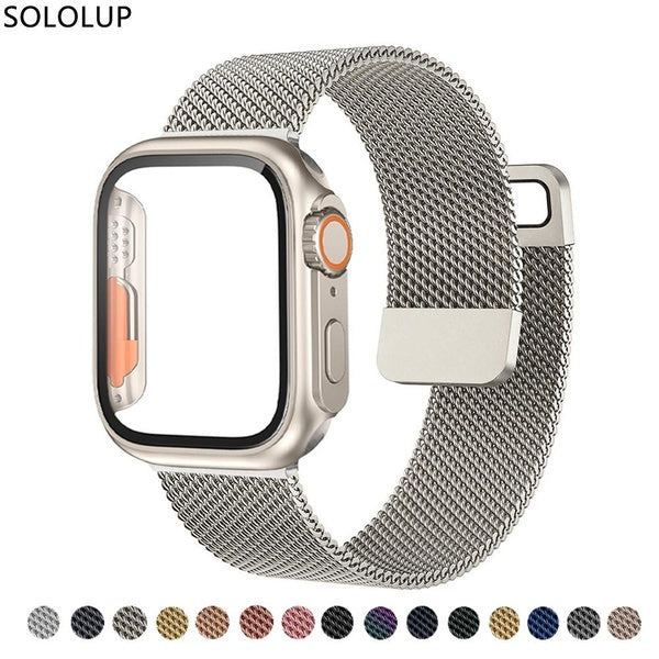 SOLOLUP Tempered Glass Film with PC Case+ Metal Band for Smart Watch 9 8 7 45mm 41mm 44mm 40mm 38mm 42mm for Smartwatch Series 3 5 Se 6 2 1, Screen