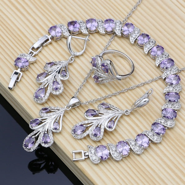 Violet Améthyste Topaze Blanche Argent 925 Ensemble de Bijoux Charme Pierres Précieuses pour Femmes Collier Ensemble