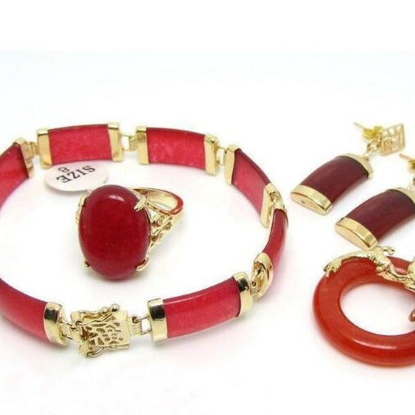 Jewelry Pearl Set Wholesale Charming Red Jades Dragon Pendant Necklace ring, bracelet,Earring Sets hot sell